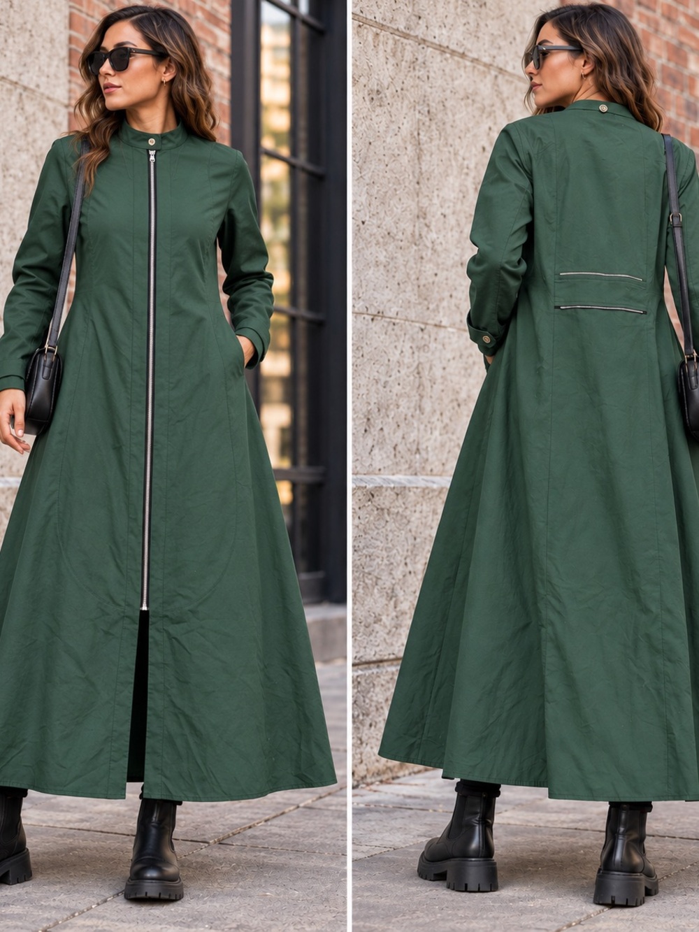 Long Zip-Front Trench Coat in Forest Green